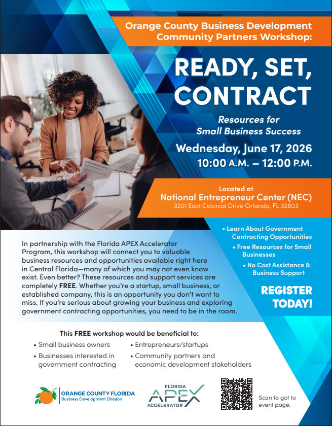 Community Partners Workshop - READY, SET, CONTRACT - Resources for small business success - June 17, 2026 - 10am to 12pm - National Entrepreneur Center - 3201 East Colonial Drive, Ste. A20, Orlando, Florida 32803 - Register by scanning QR code